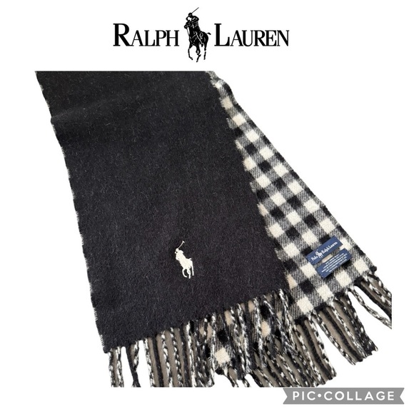 Polo Ralph Lauren Lamb wool black white gingham plaid fringe scarf NWOT - Picture 1 of 8